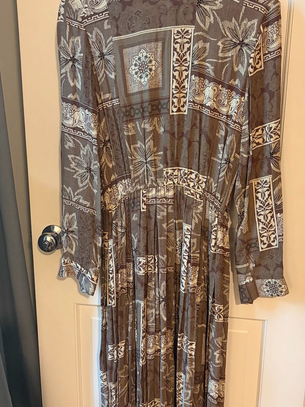 Brown Floral Print Long Sleeve Women's Dress Vintage Nicole Summers Maxi Belt